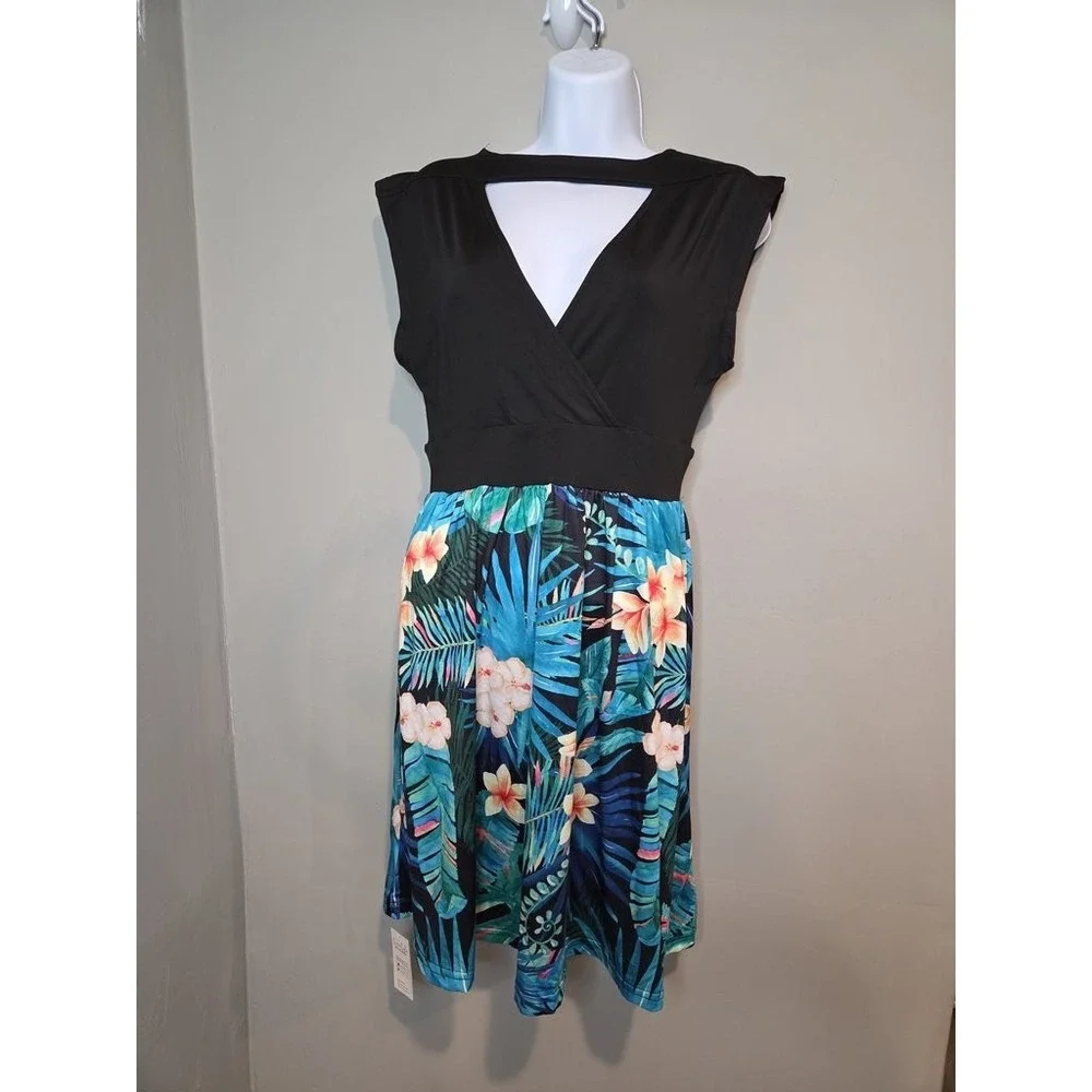 Cupshe Tropical Floral Mini Dress Womens Medium Black‎ Blue Cutout V-Neck NWT